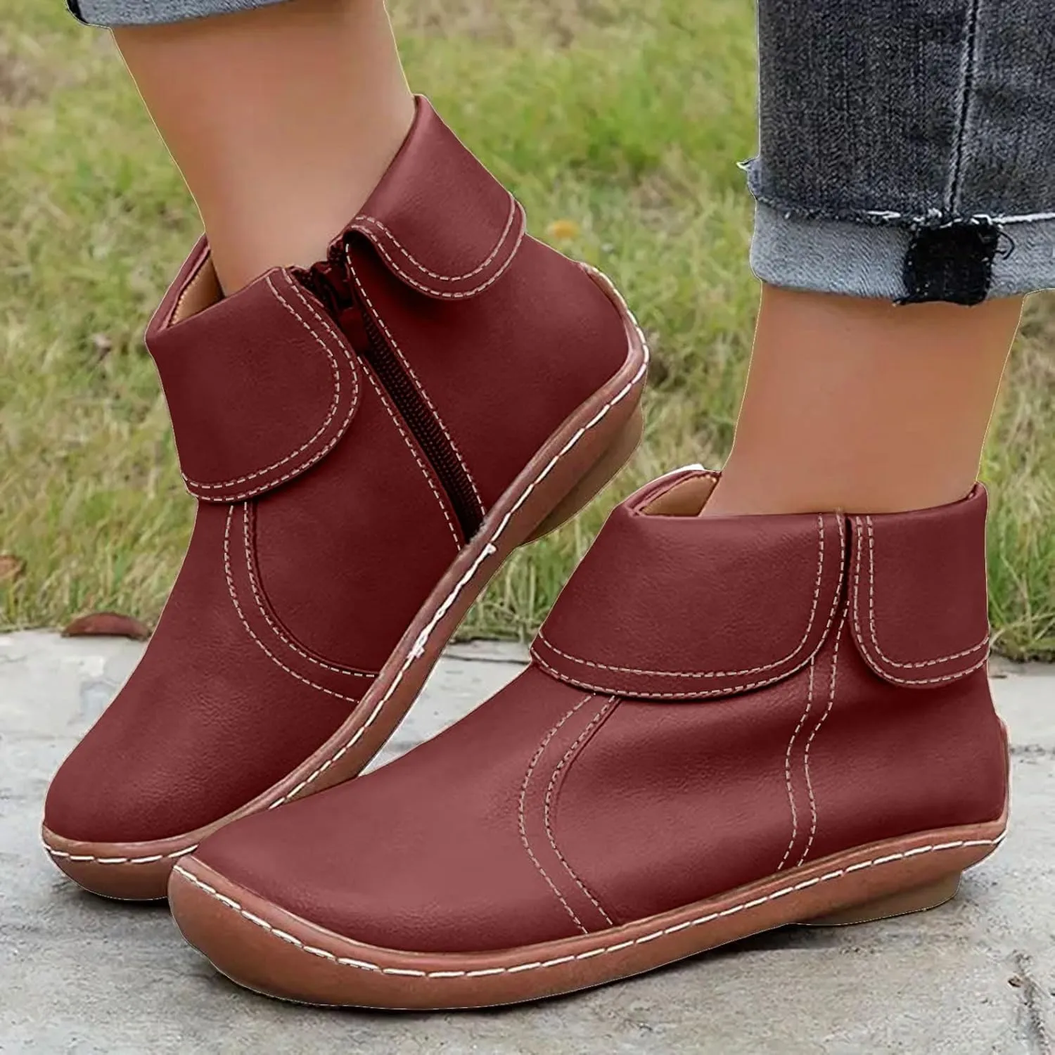 Vintage Women Ankle Boots Leather Platform Boots for Women Wide Calf Casual Fashion Round Toe Side Zipper Booties