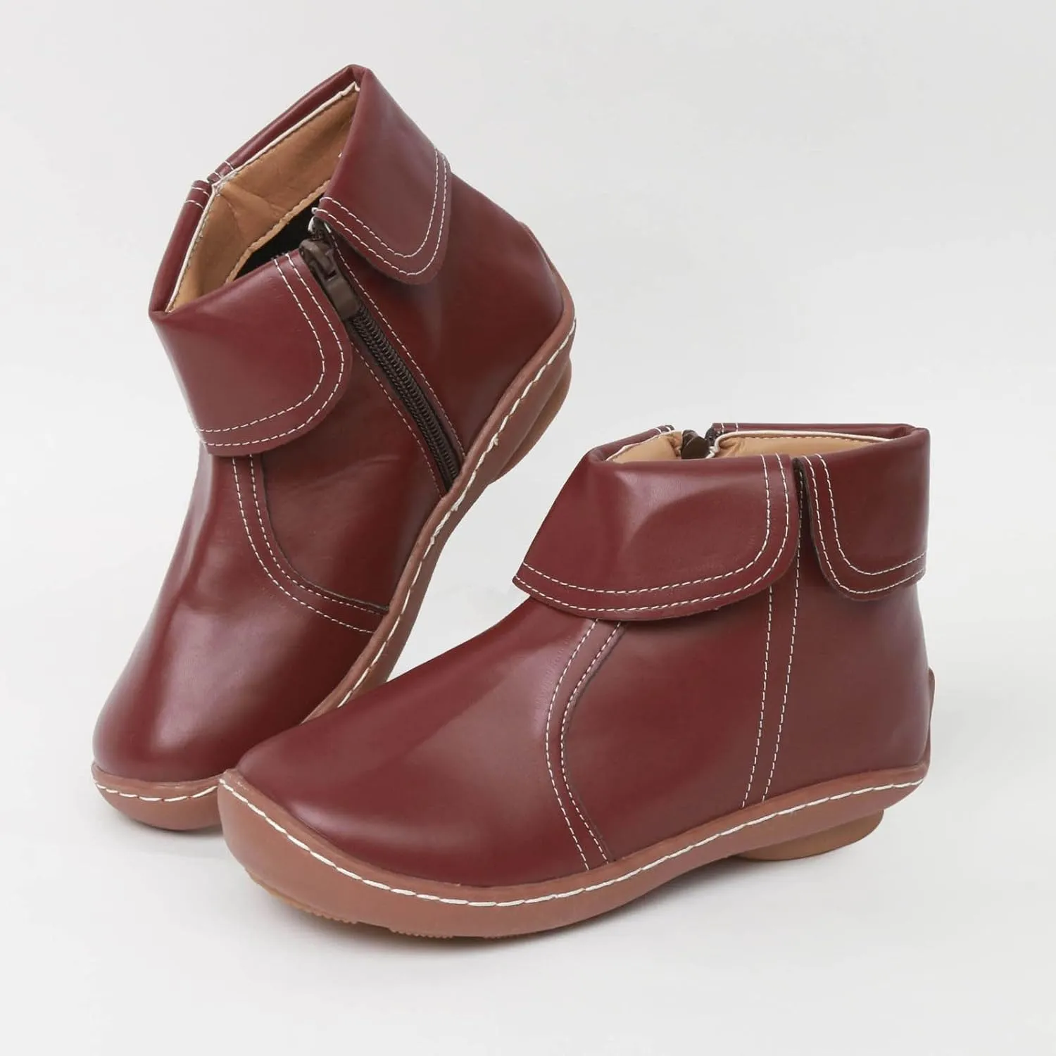 Vintage Women Ankle Boots Leather Platform Boots for Women Wide Calf Casual Fashion Round Toe Side Zipper Booties