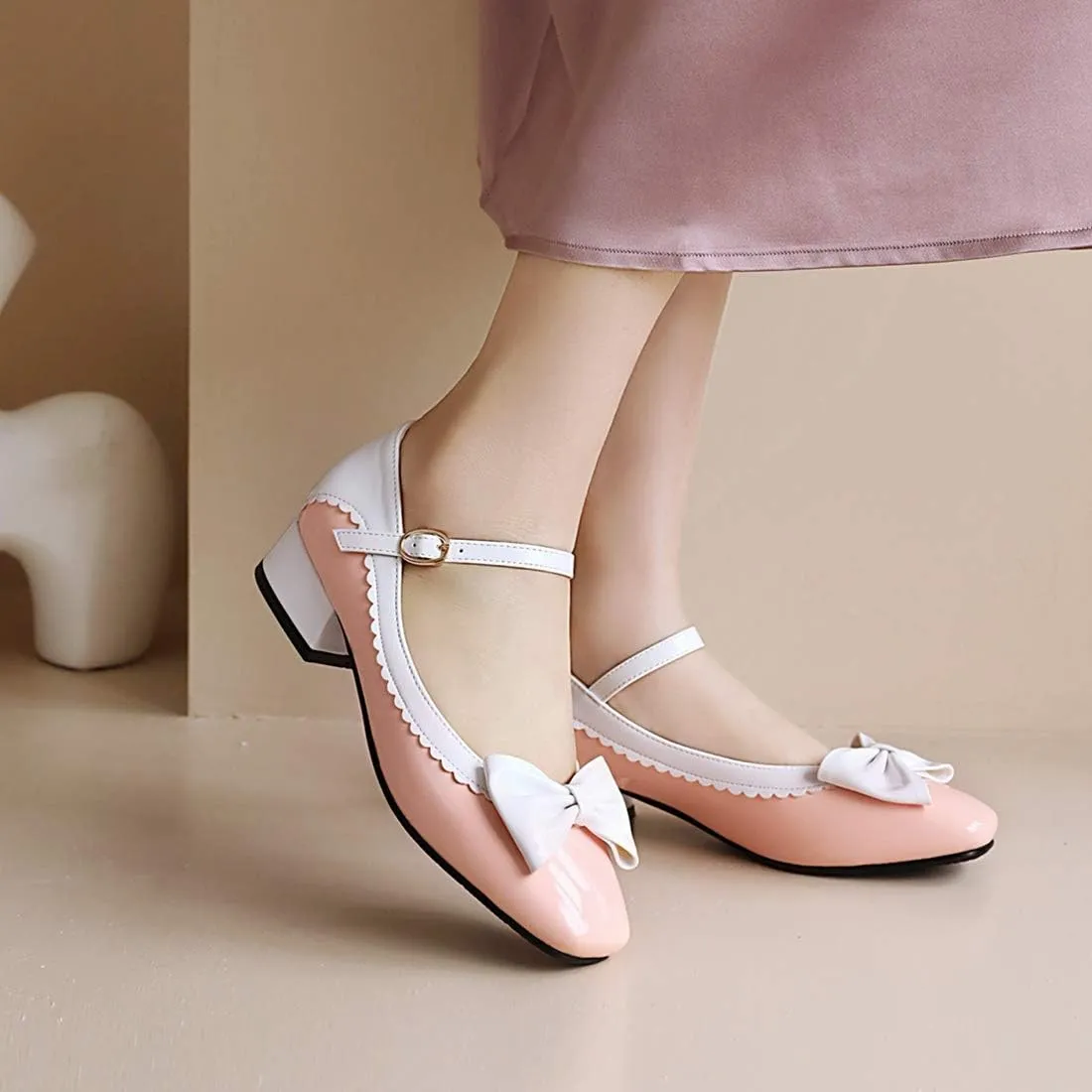 VOKLIN Women's Girls Lolita Mary Jane Flat Shoes Sweet Bow Square Toe Ankle Strap Low Heel Oxford Dress Pumps