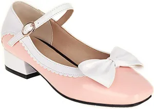 VOKLIN Women's Girls Lolita Mary Jane Flat Shoes Sweet Bow Square Toe Ankle Strap Low Heel Oxford Dress Pumps