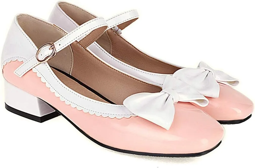 VOKLIN Women's Girls Lolita Mary Jane Flat Shoes Sweet Bow Square Toe Ankle Strap Low Heel Oxford Dress Pumps