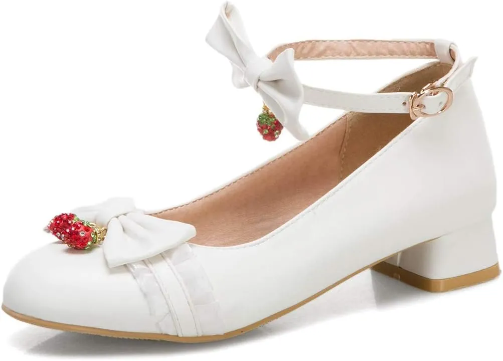 VOKLIN Women's Girls Lolita Mary Jane Flats Sweet Bow Ankle Strap Comfort Low Heel Princess Oxford Dress Shoes
