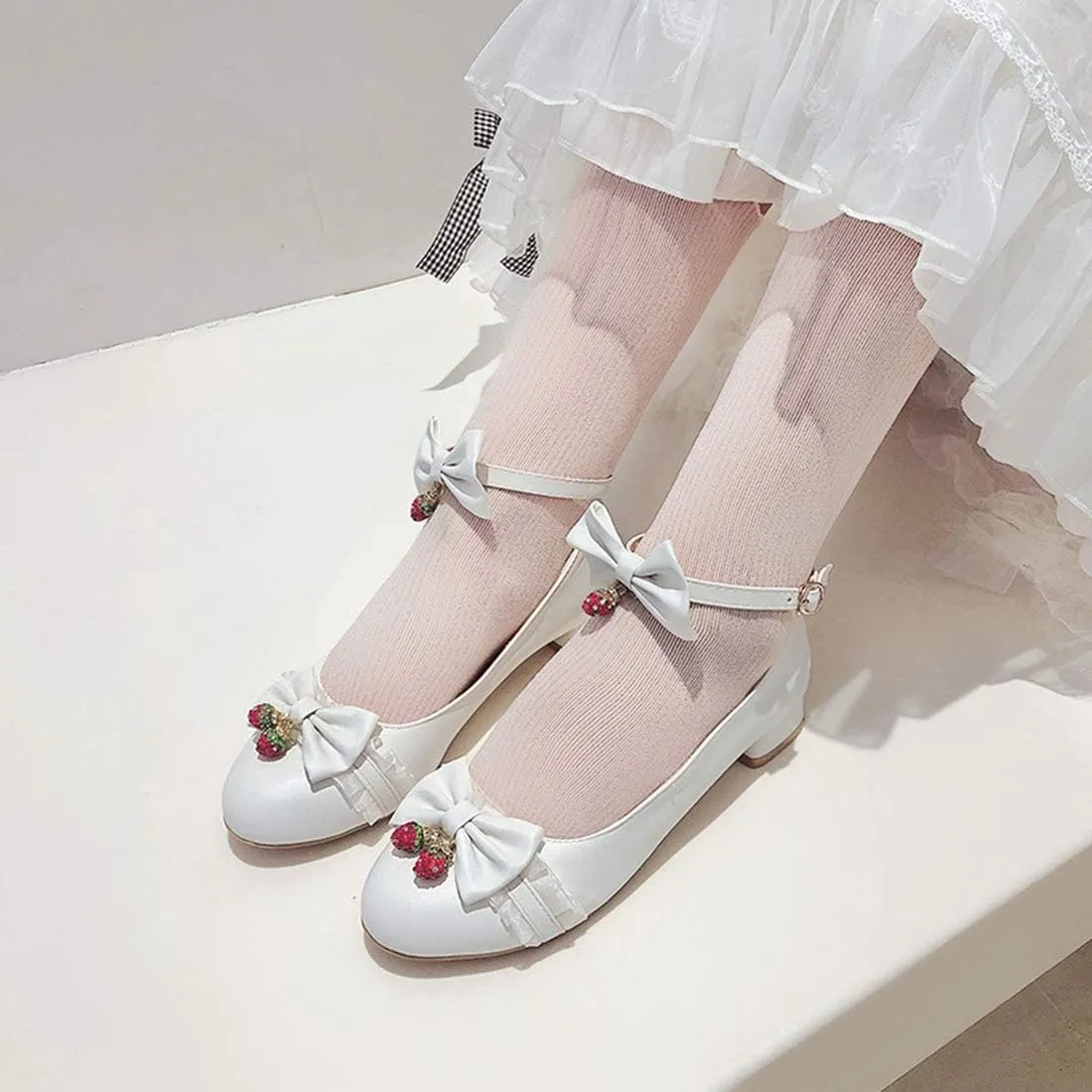 VOKLIN Women's Girls Lolita Mary Jane Flats Sweet Bow Ankle Strap Comfort Low Heel Princess Oxford Dress Shoes