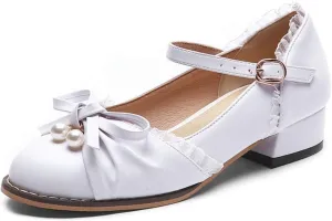 VOKLIN Women's Girls Lolita Mary Jane Flats Sweet Bow Ankle Strap Low Heel School Uniform Oxford Dress Shoes