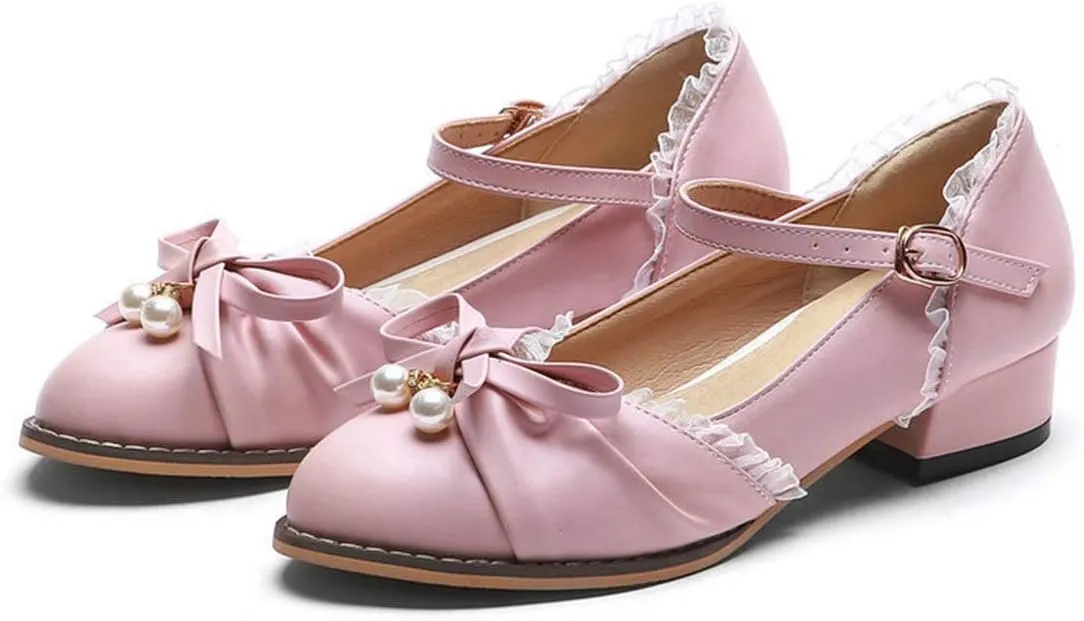 VOKLIN Women's Girls Lolita Mary Jane Flats Sweet Bow Ankle Strap Low Heel School Uniform Oxford Dress Shoes