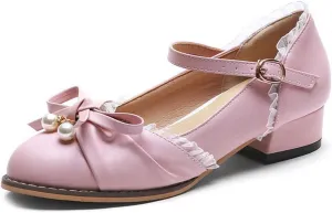 VOKLIN Women's Girls Lolita Mary Jane Flats Sweet Bow Ankle Strap Low Heel School Uniform Oxford Dress Shoes