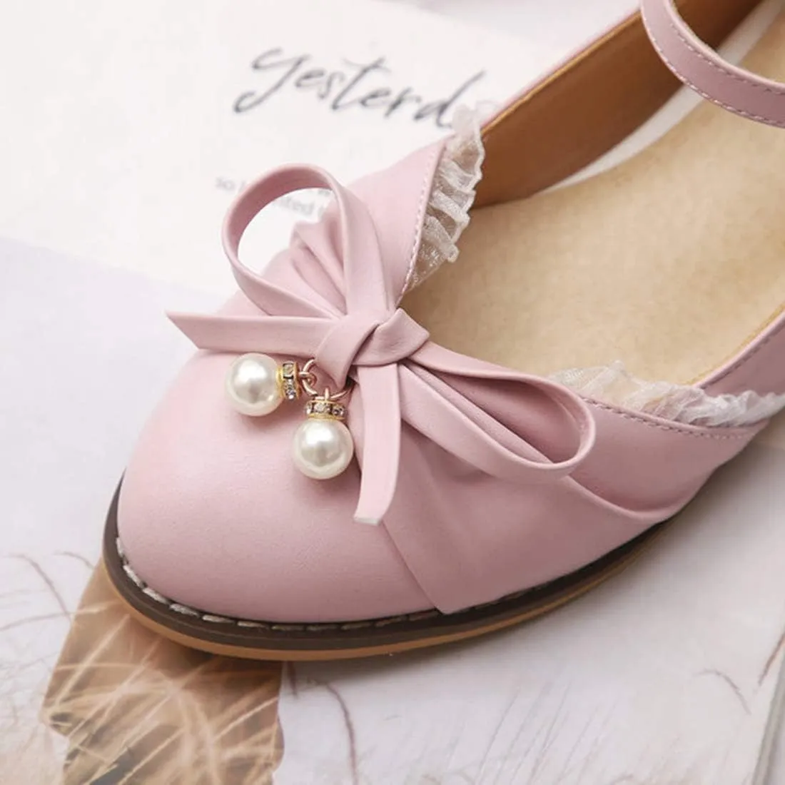VOKLIN Women's Girls Lolita Mary Jane Flats Sweet Bow Ankle Strap Low Heel School Uniform Oxford Dress Shoes