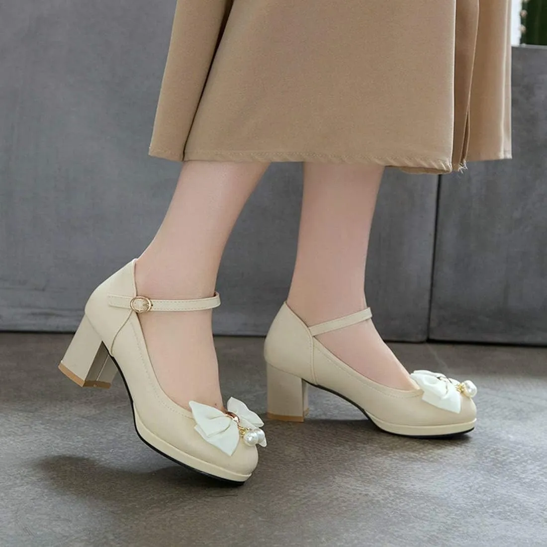 VOKLIN Women's Girls Lolita Mary Jane Pumps Cute Bow Ankle Strap Block Mid Heel Princess Oxford Dress Shoes