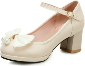 VOKLIN Women's Girls Lolita Mary Jane Pumps Cute Bow Ankle Strap Block Mid Heel Princess Oxford Dress Shoes