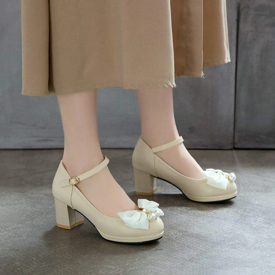 VOKLIN Women's Girls Lolita Mary Jane Pumps Cute Bow Ankle Strap Block Mid Heel Princess Oxford Dress Shoes