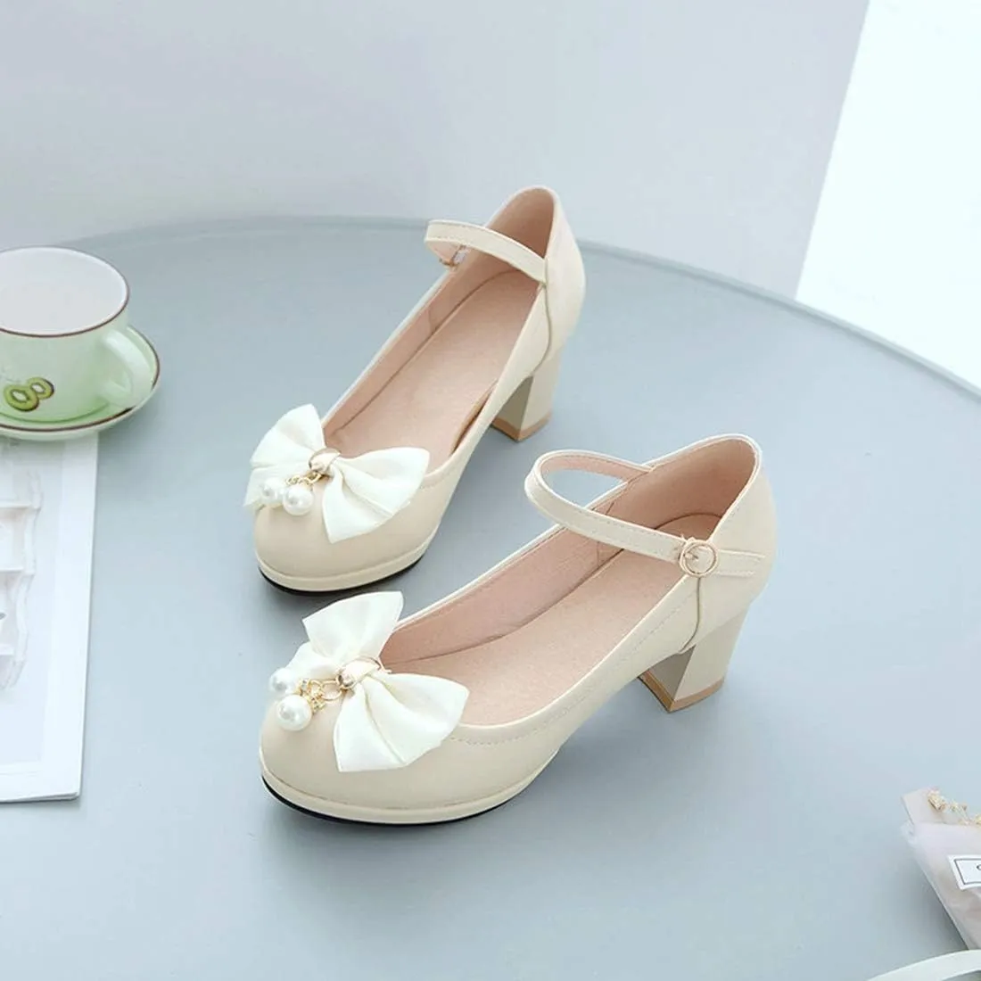 VOKLIN Women's Girls Lolita Mary Jane Pumps Cute Bow Ankle Strap Block Mid Heel Princess Oxford Dress Shoes
