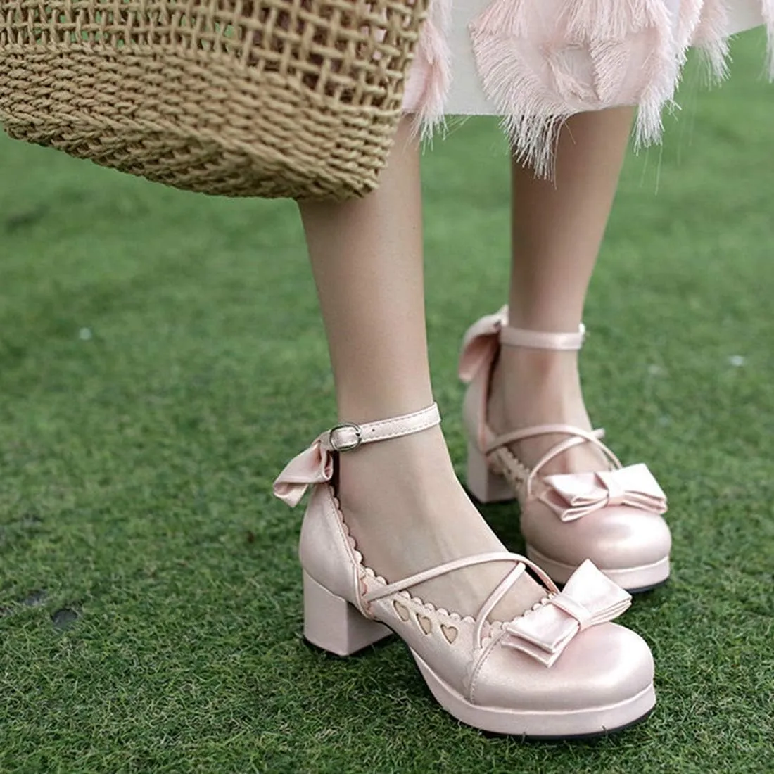 VOKLIN Women's Girls Lolita Mary Jane Pumps Princess Sweet Bow Cross Strap Block Mid Heel Oxford Dress Shoes