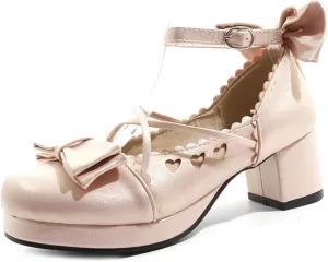 VOKLIN Women's Girls Lolita Mary Jane Pumps Princess Sweet Bow Cross Strap Block Mid Heel Oxford Dress Shoes