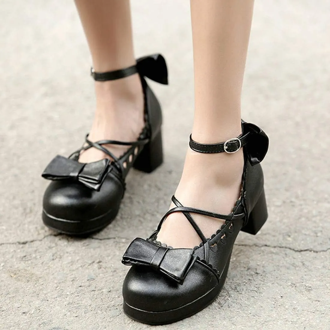 VOKLIN Women's Girls Lolita Mary Jane Pumps Princess Sweet Bow Cross Strap Block Mid Heel Oxford Dress Shoes