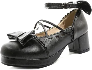 VOKLIN Women's Girls Lolita Mary Jane Pumps Princess Sweet Bow Cross Strap Block Mid Heel Oxford Dress Shoes