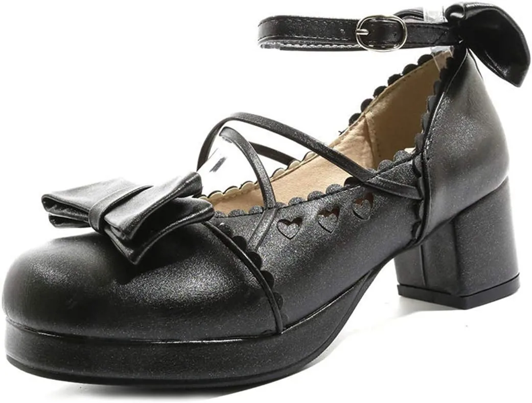 VOKLIN Women's Girls Lolita Mary Jane Pumps Princess Sweet Bow Cross Strap Block Mid Heel Oxford Dress Shoes