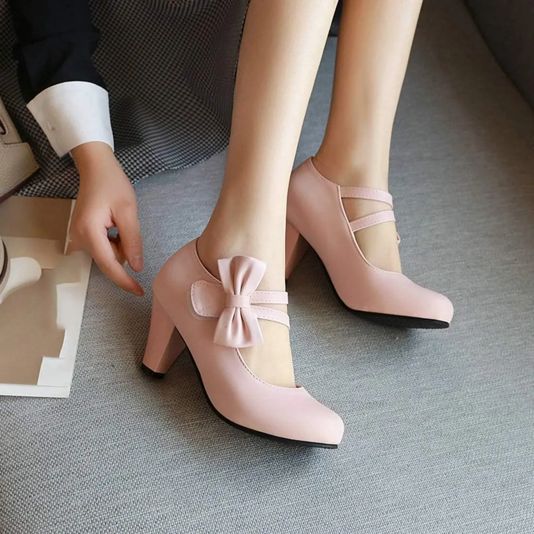 VOKLIN Women's Girls Lolita Mary Jane Pumps Sweet Bow Ankle Strap Block High Heel Cosplay Oxford Dress Shoes