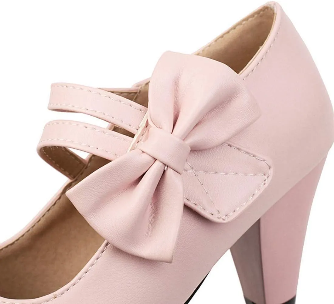 VOKLIN Women's Girls Lolita Mary Jane Pumps Sweet Bow Ankle Strap Block High Heel Cosplay Oxford Dress Shoes