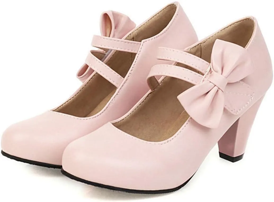 VOKLIN Women's Girls Lolita Mary Jane Pumps Sweet Bow Ankle Strap Block High Heel Cosplay Oxford Dress Shoes