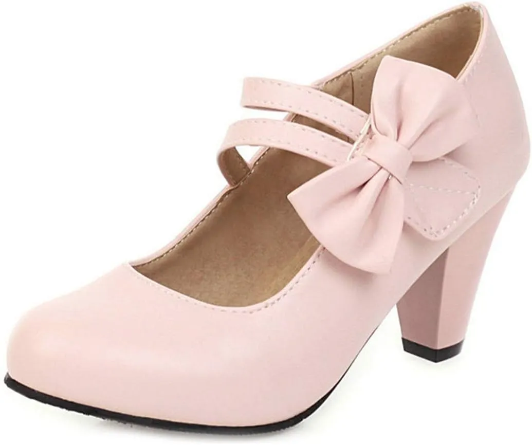 VOKLIN Women's Girls Lolita Mary Jane Pumps Sweet Bow Ankle Strap Block High Heel Cosplay Oxford Dress Shoes