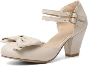 VOKLIN Women's Girls Lolita Mary Jane Pumps Sweet Bow Ankle Strap Chunky Mid Heel Oxford Dress Sandal Shoes