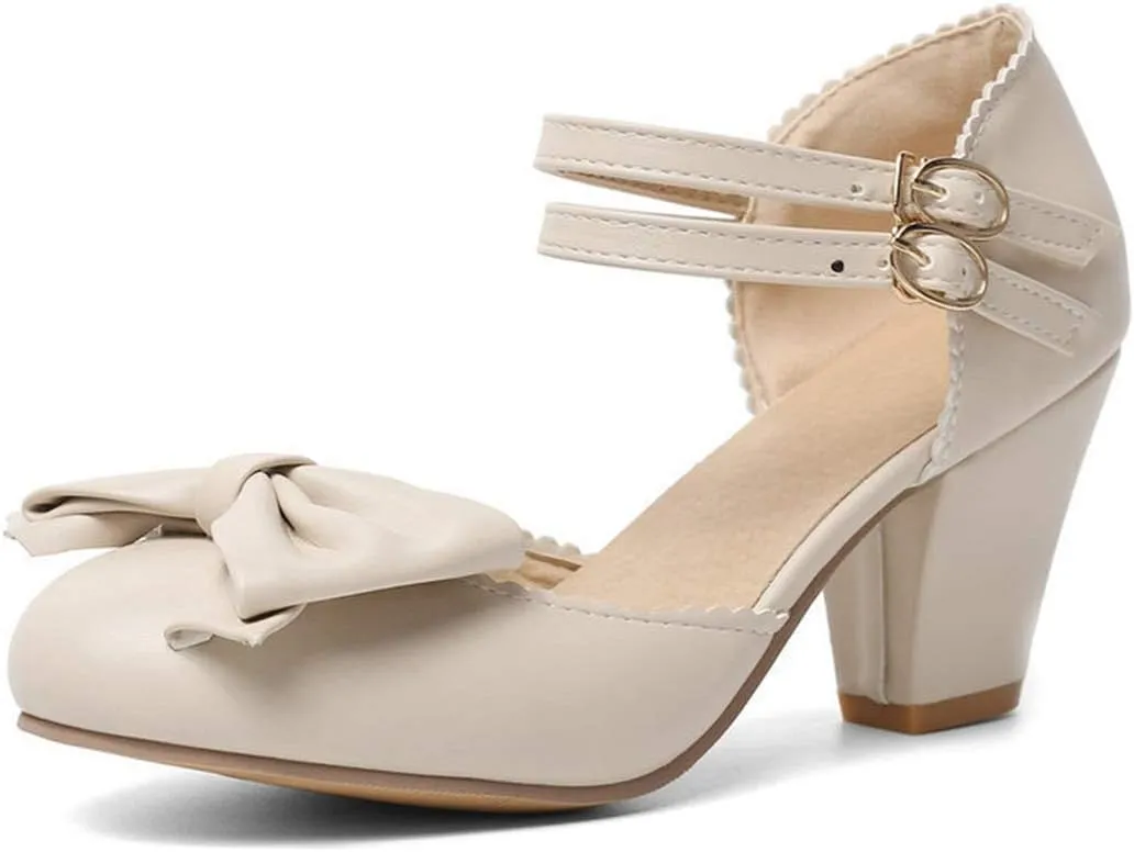 VOKLIN Women's Girls Lolita Mary Jane Pumps Sweet Bow Ankle Strap Chunky Mid Heel Oxford Dress Sandal Shoes
