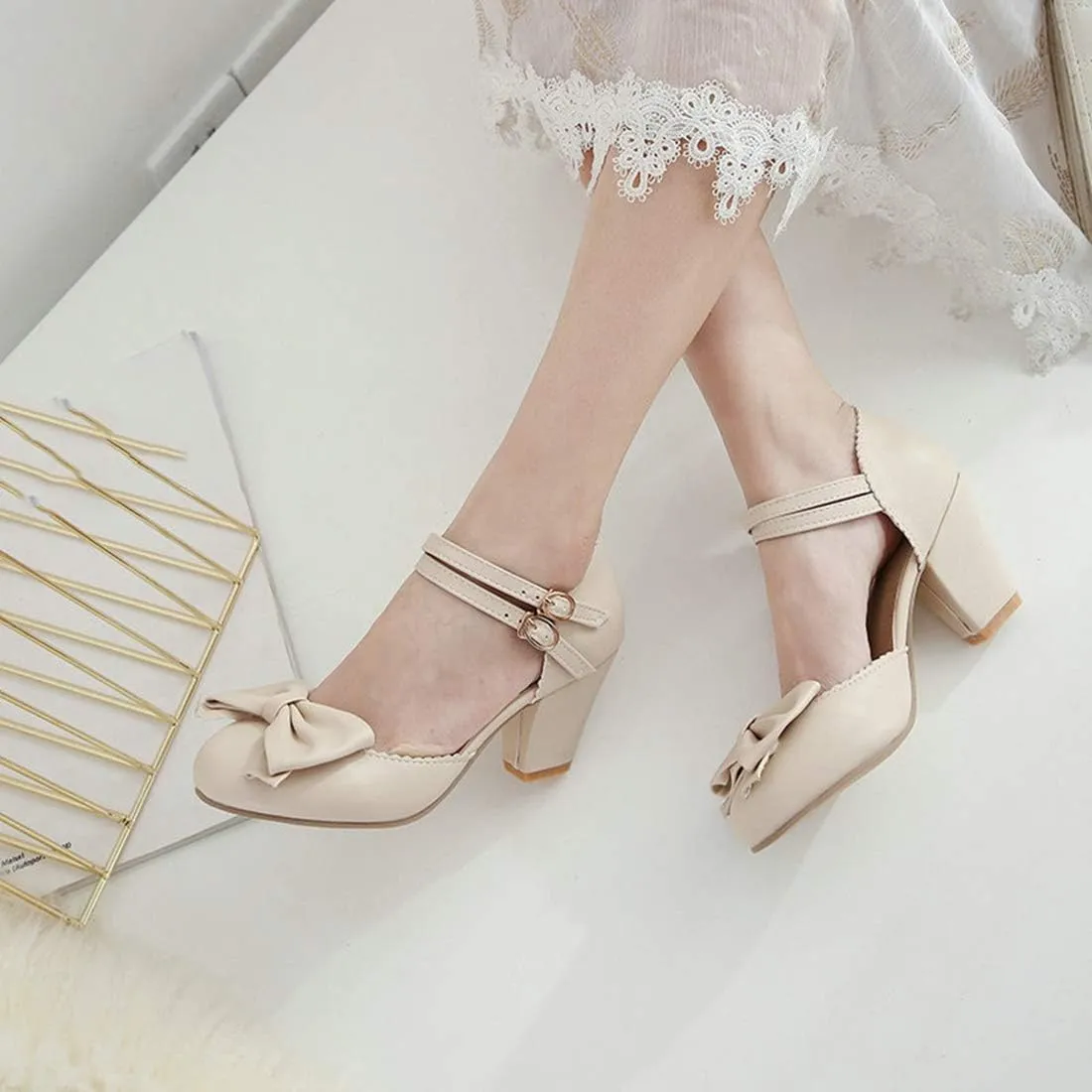 VOKLIN Women's Girls Lolita Mary Jane Pumps Sweet Bow Ankle Strap Chunky Mid Heel Oxford Dress Sandal Shoes