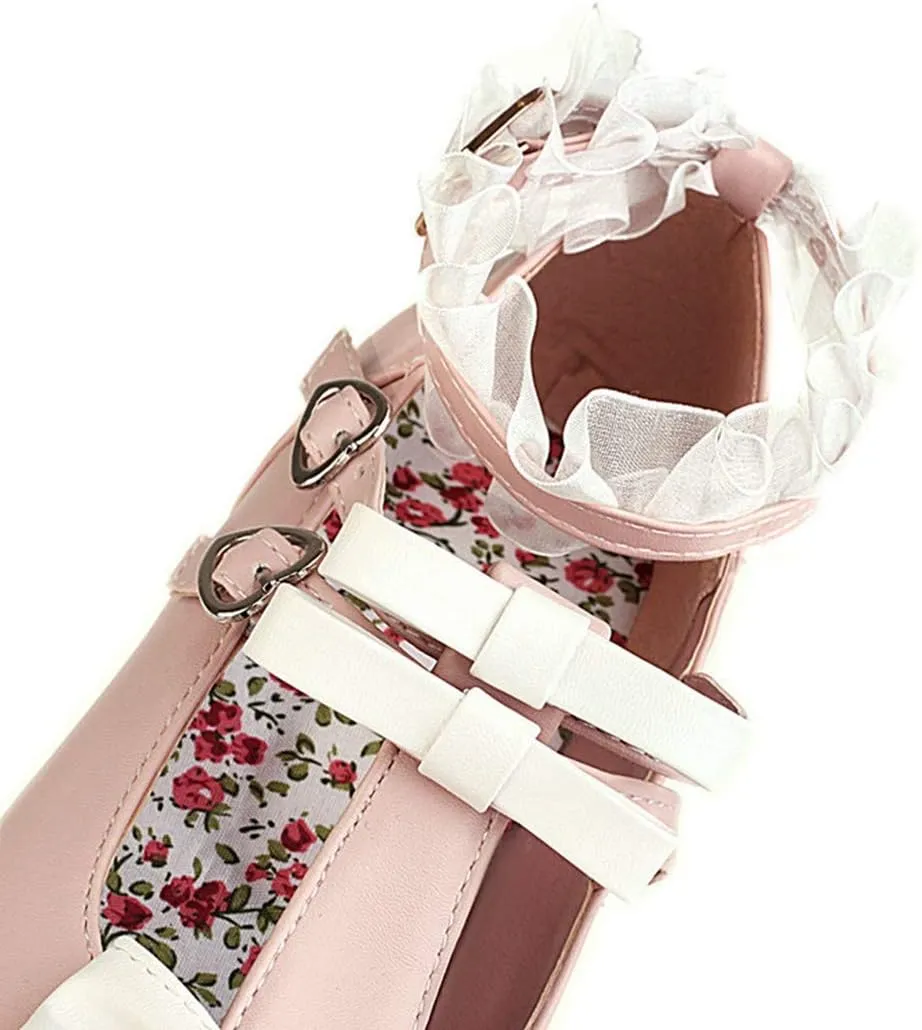 VOKLIN Women's Girls Lolita Mary Jane Pumps Sweet Bow Cross Ankle Strap Mid Heel Cosplay Oxford Dress Shoes