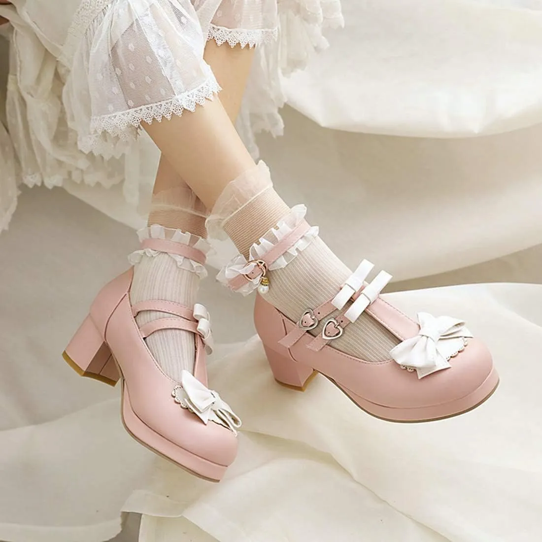 VOKLIN Women's Girls Lolita Mary Jane Pumps Sweet Bow Cross Ankle Strap Mid Heel Cosplay Oxford Dress Shoes