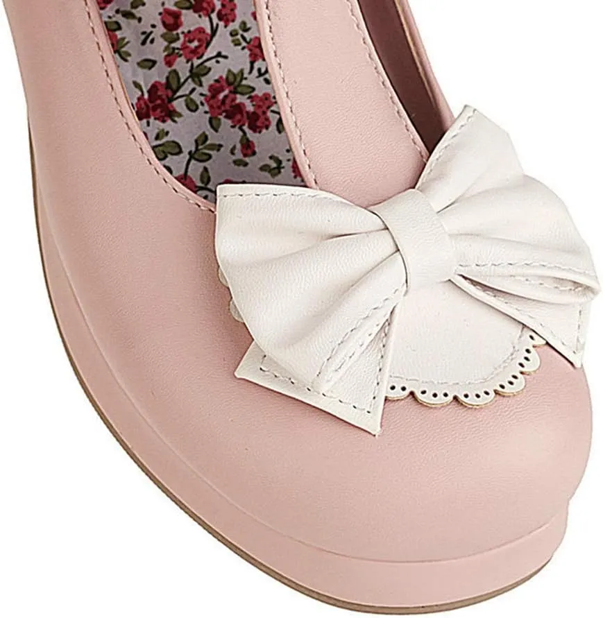VOKLIN Women's Girls Lolita Mary Jane Pumps Sweet Bow Cross Ankle Strap Mid Heel Cosplay Oxford Dress Shoes