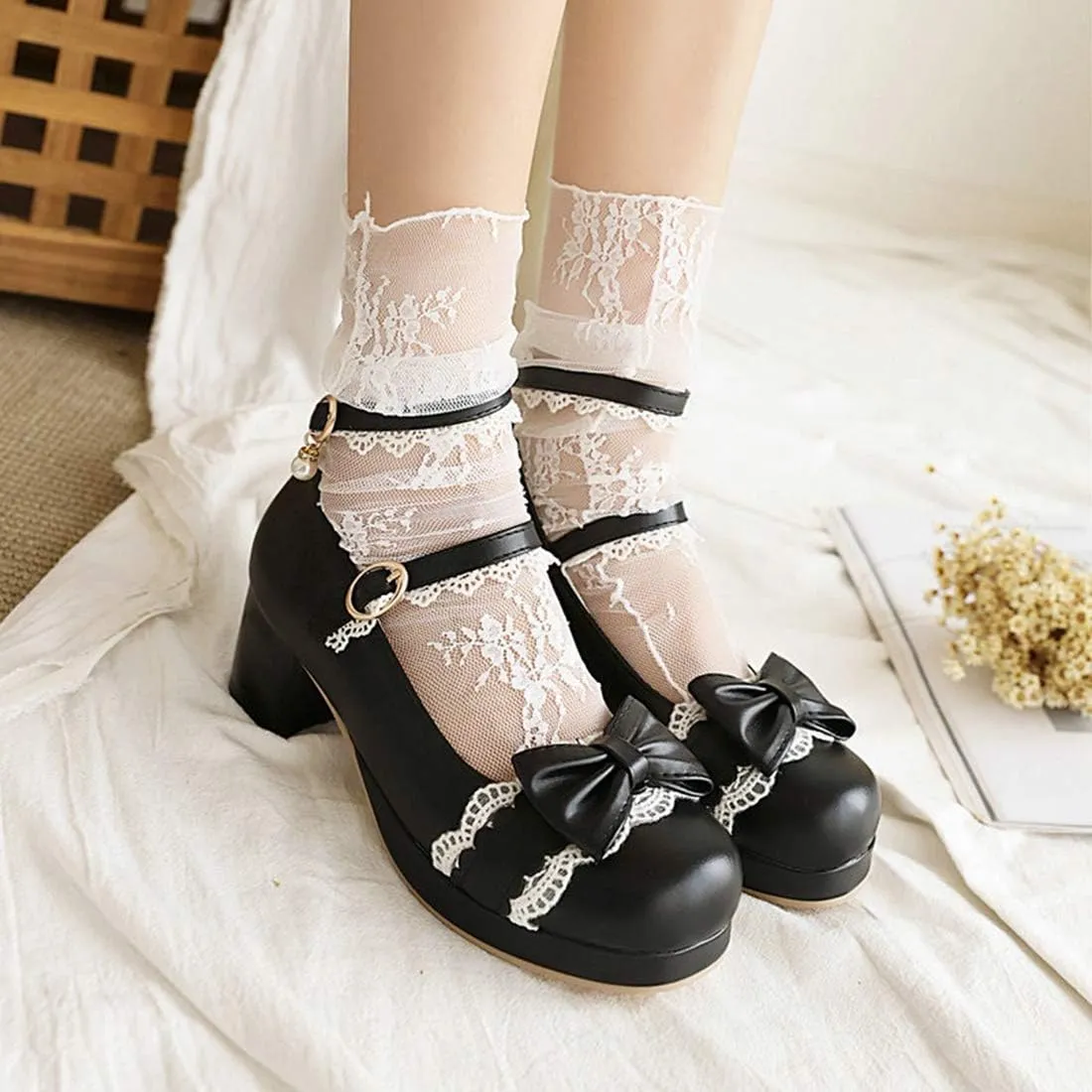 VOKLIN Women's Girls Lolita Mary Jane Pumps Sweet Bow Lace Ankle Strap Mid Heel Princess Oxford Dress Shoes