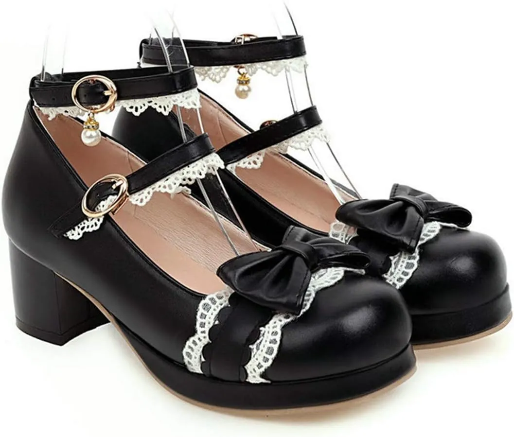 VOKLIN Women's Girls Lolita Mary Jane Pumps Sweet Bow Lace Ankle Strap Mid Heel Princess Oxford Dress Shoes