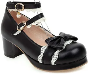 VOKLIN Women's Girls Lolita Mary Jane Pumps Sweet Bow Lace Ankle Strap Mid Heel Princess Oxford Dress Shoes