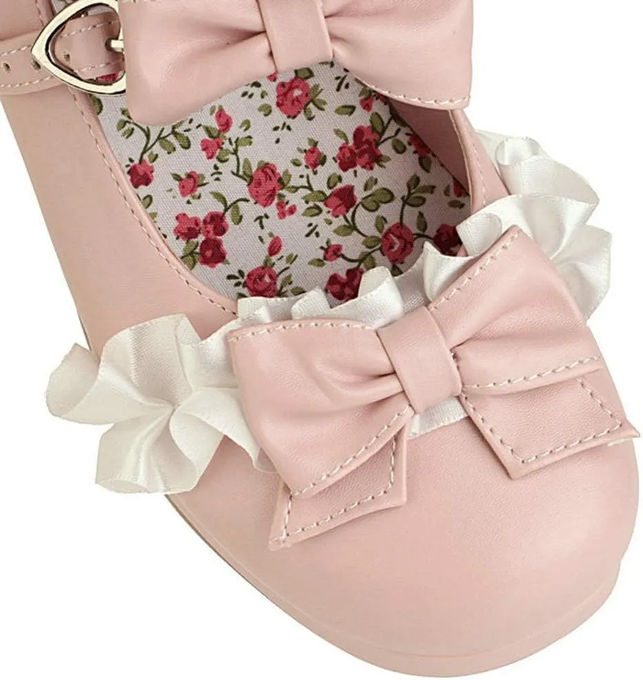 VOKLIN Women's Girls Lolita Mary Jane Pumps Sweet Bow Lace Ankle Strap Mid Heels Cosplay Oxford Dress Shoes