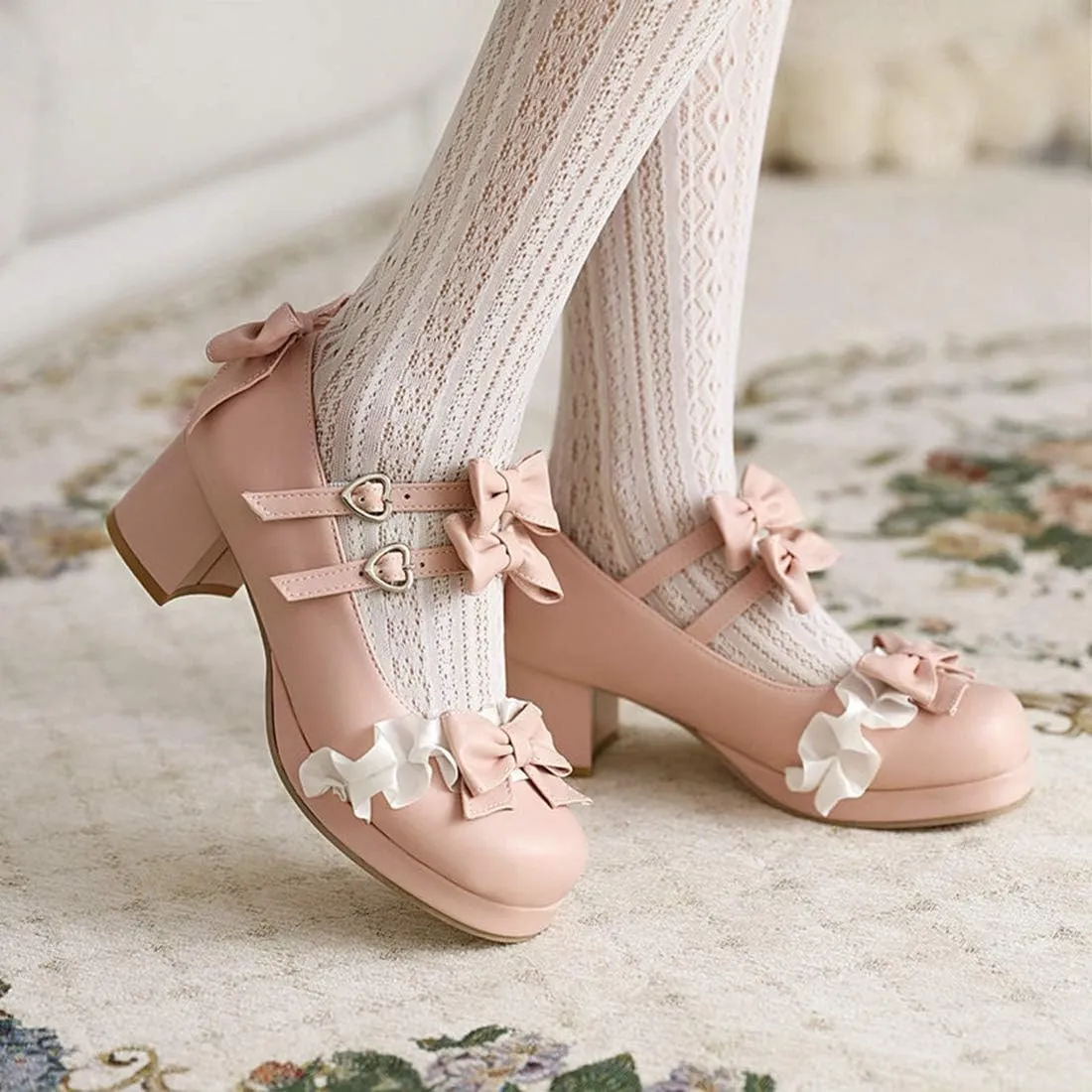VOKLIN Women's Girls Lolita Mary Jane Pumps Sweet Bow Lace Ankle Strap Mid Heels Cosplay Oxford Dress Shoes