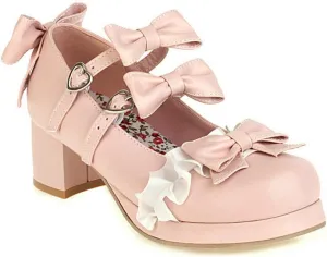 VOKLIN Women's Girls Lolita Mary Jane Pumps Sweet Bow Lace Ankle Strap Mid Heels Cosplay Oxford Dress Shoes