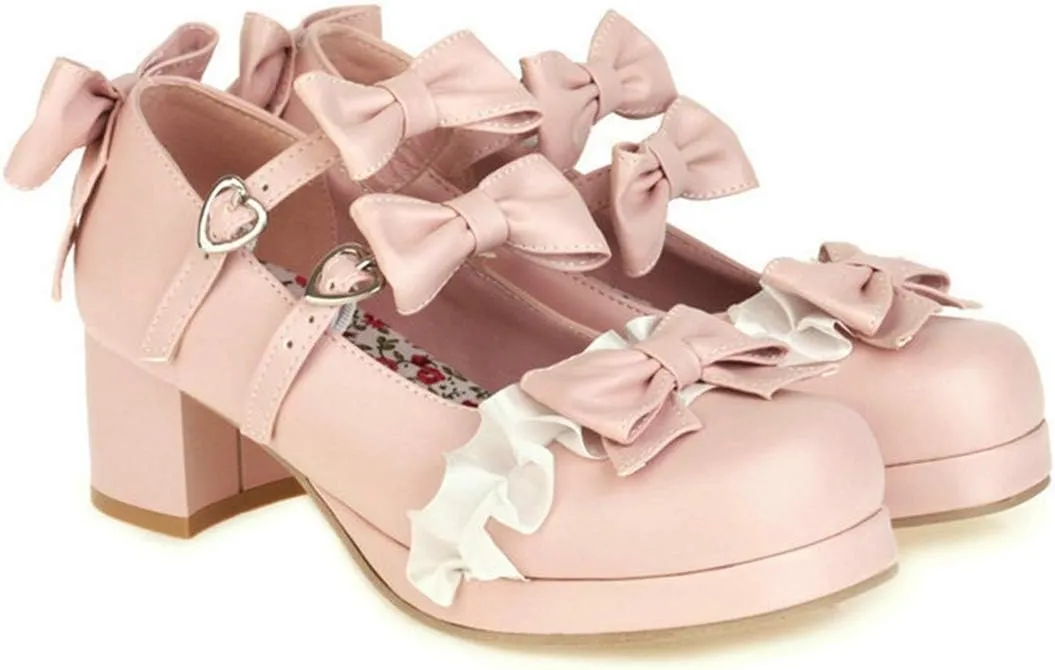 VOKLIN Women's Girls Lolita Mary Jane Pumps Sweet Bow Lace Ankle Strap Mid Heels Cosplay Oxford Dress Shoes