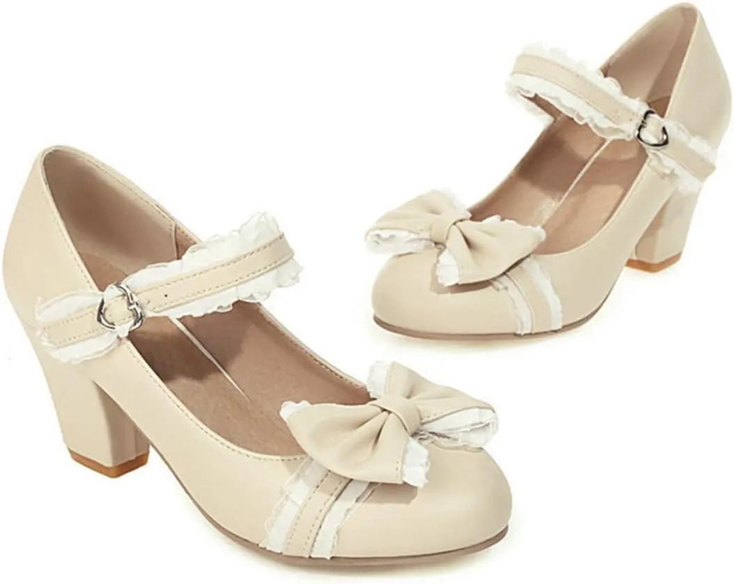 VOKLIN Women's Girls Lolita Mary Jane Pumps Sweet Bow Lace Chunky Block High Heel Princess Oxford Dress Shoes