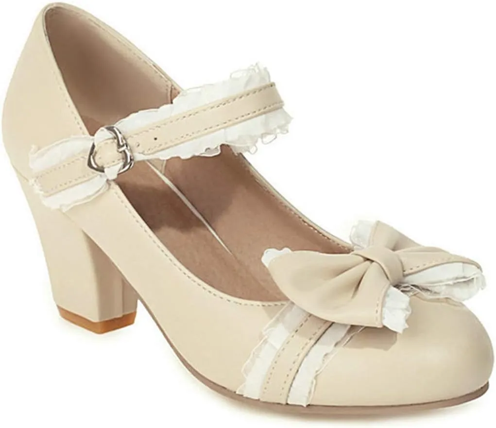 VOKLIN Women's Girls Lolita Mary Jane Pumps Sweet Bow Lace Chunky Block High Heel Princess Oxford Dress Shoes