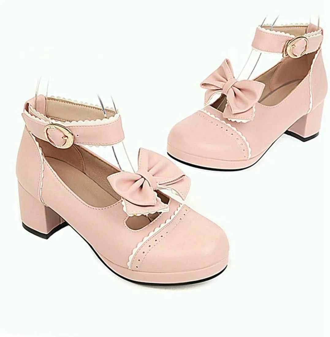 VOKLIN Women's Girls Lolita Mary Jane Shoes Cute Bow Ankle Strap Block Low Heel Princess Oxford Dress Pumps