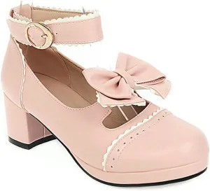 VOKLIN Women's Girls Lolita Mary Jane Shoes Cute Bow Ankle Strap Block Low Heel Princess Oxford Dress Pumps