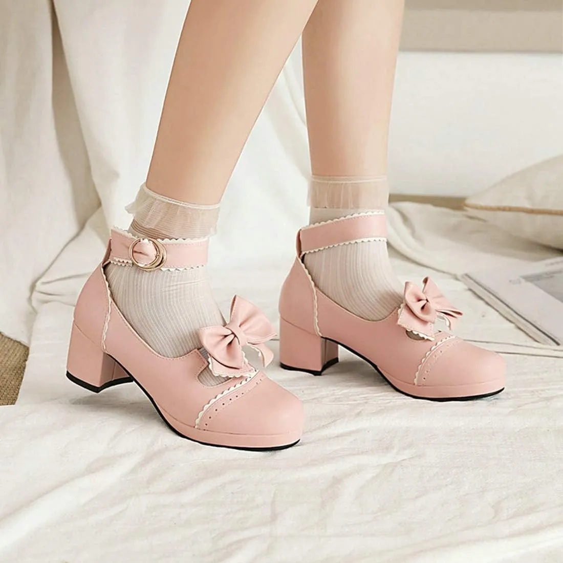 VOKLIN Women's Girls Lolita Mary Jane Shoes Cute Bow Ankle Strap Block Low Heel Princess Oxford Dress Pumps