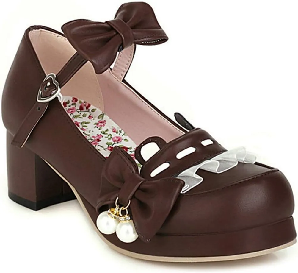VOKLIN Women's Girls Lolita Mary Jane Shoes Sweet Bow Ankle Strap Block Mid Heel Princess Oxford Dress Pumps