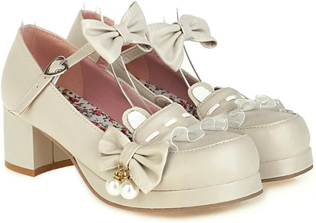 VOKLIN Women's Girls Lolita Mary Jane Shoes Sweet Bow Ankle Strap Block Mid Heel Princess Oxford Dress Pumps