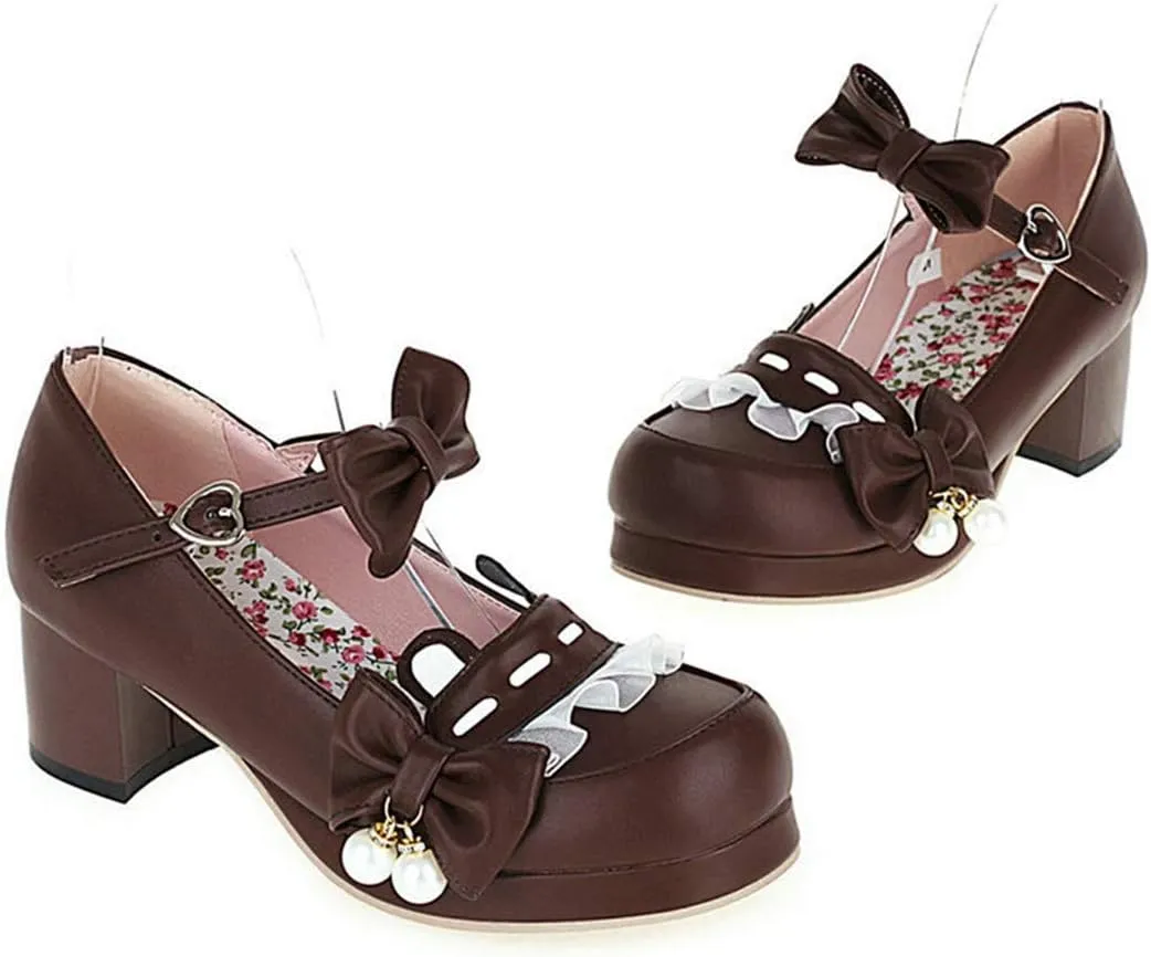 VOKLIN Women's Girls Lolita Mary Jane Shoes Sweet Bow Ankle Strap Block Mid Heel Princess Oxford Dress Pumps