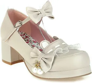 VOKLIN Women's Girls Lolita Mary Jane Shoes Sweet Bow Ankle Strap Block Mid Heel Princess Oxford Dress Pumps
