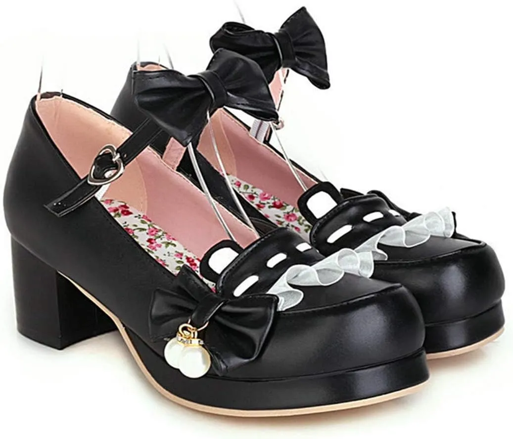 VOKLIN Women's Girls Lolita Mary Jane Shoes Sweet Bow Ankle Strap Block Mid Heel Princess Oxford Dress Pumps