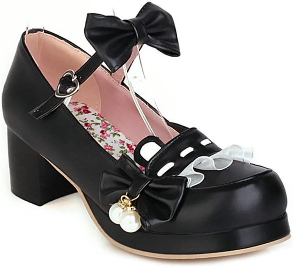 VOKLIN Women's Girls Lolita Mary Jane Shoes Sweet Bow Ankle Strap Block Mid Heel Princess Oxford Dress Pumps