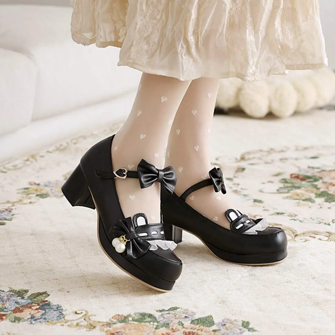 VOKLIN Women's Girls Lolita Mary Jane Shoes Sweet Bow Ankle Strap Block Mid Heel Princess Oxford Dress Pumps