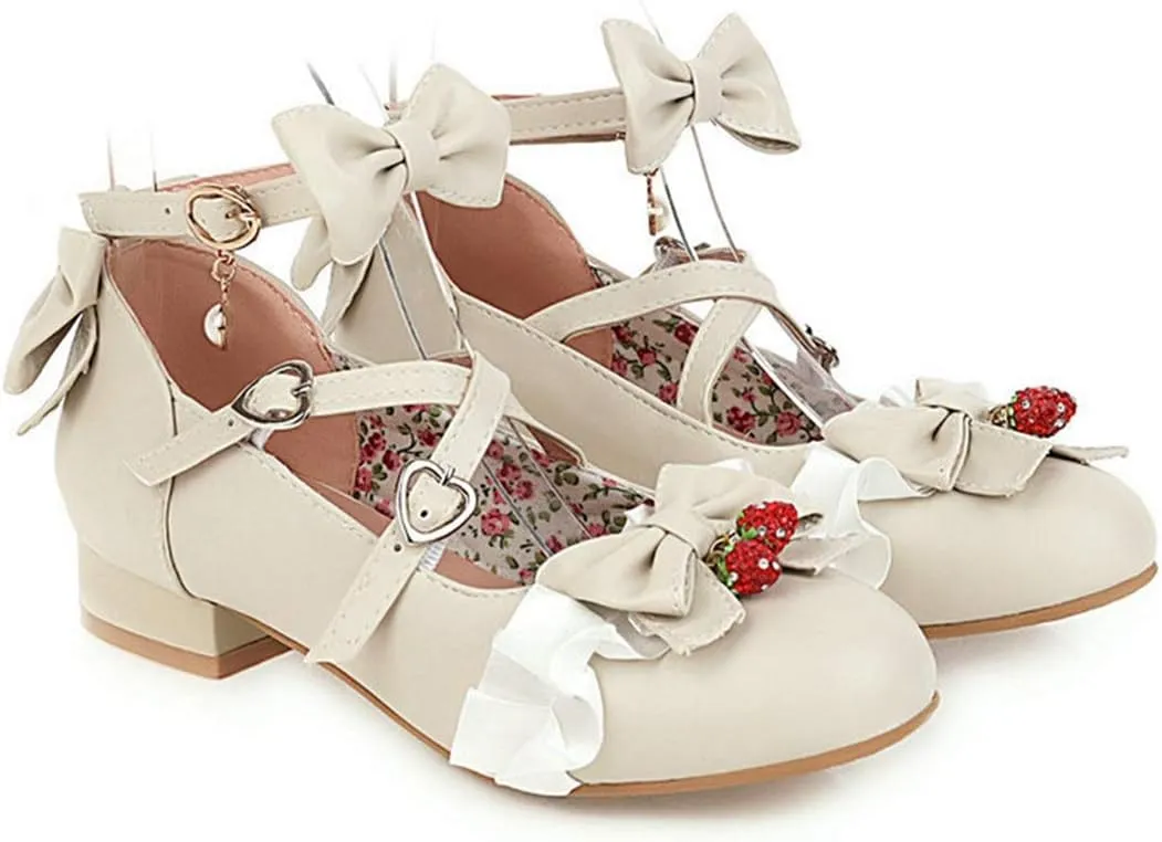 VOKLIN Women's Girls Lolita Mary Jane Shoes Sweet Bow Cross Ankle Strap Low Heel Princess Oxford Dress Pumps